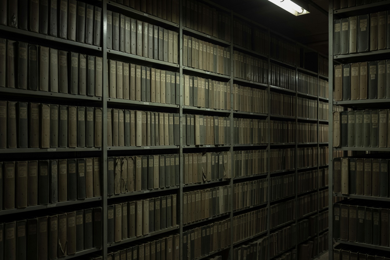 Rows of unlabelled ring binders on archive shelving in low, shadowed light