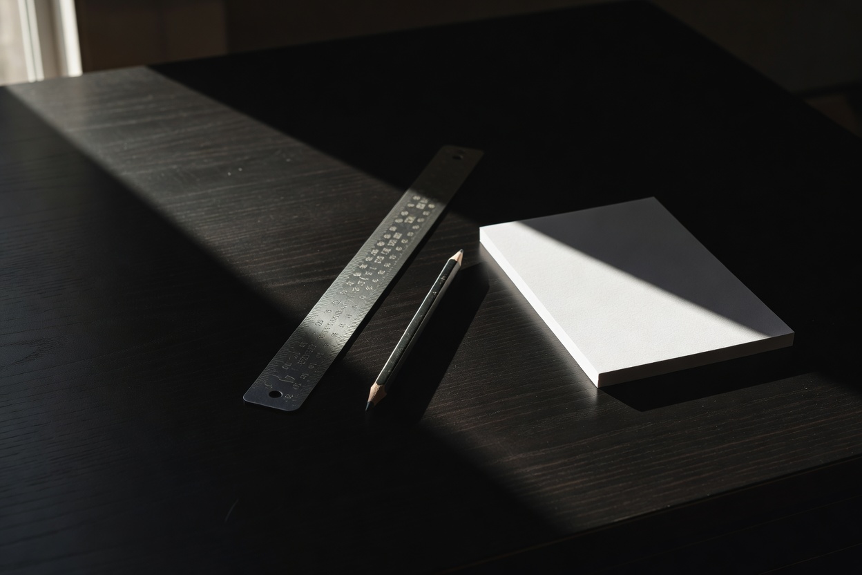 A steel ruler, a pencil and a blank checklist card on a dark desk under hard directional light