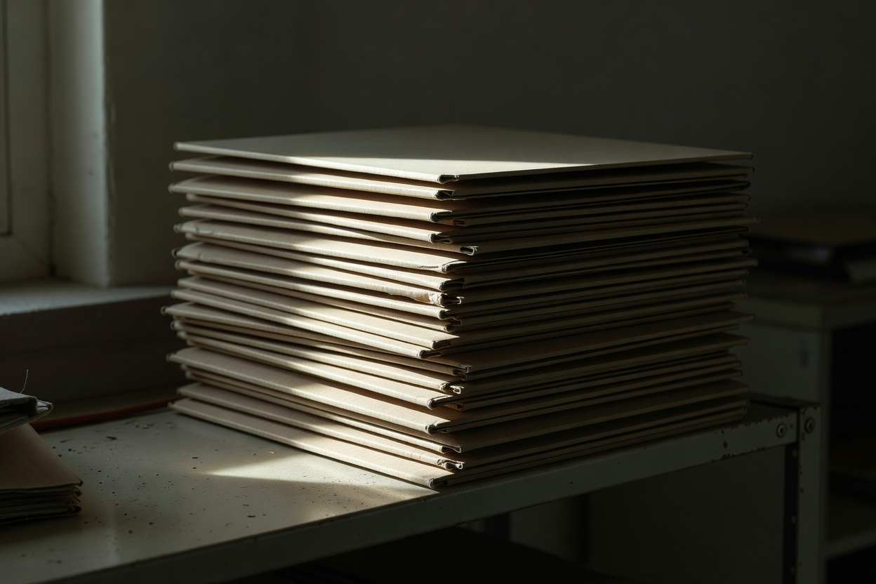 Plain cardboard folders stacked on a shelf in a dim office, edges catching hard side light