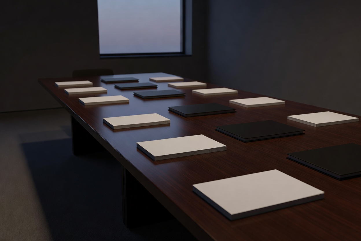 An empty meeting table with blank notepads and closed folders in a darkened room at dusk