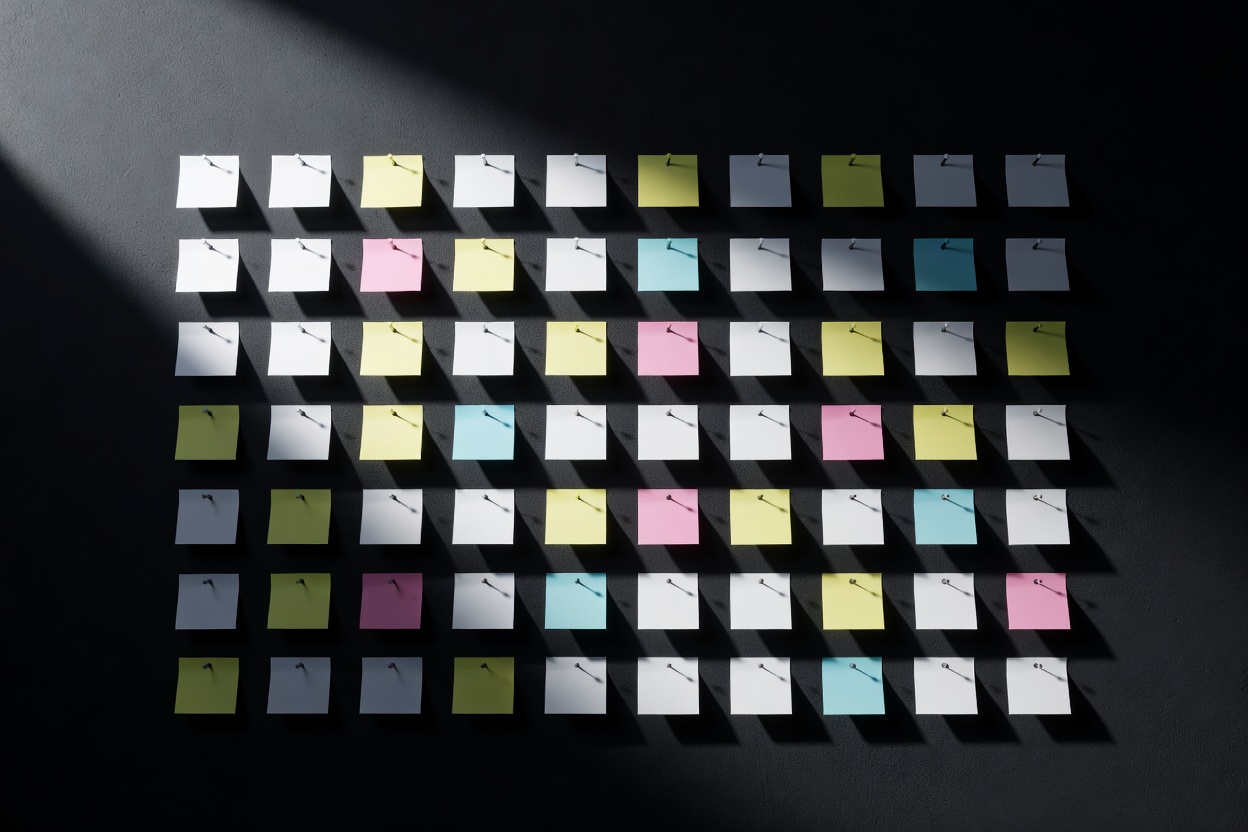 Blank paper notes pinned in a grid on a dark wall, casting sharp shadows